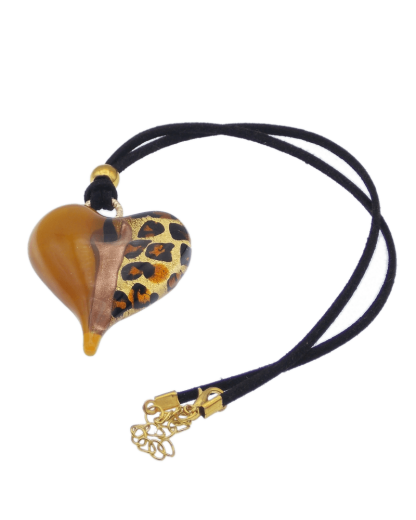 Murano heart shaped gold and leopard print glass pendant necklace