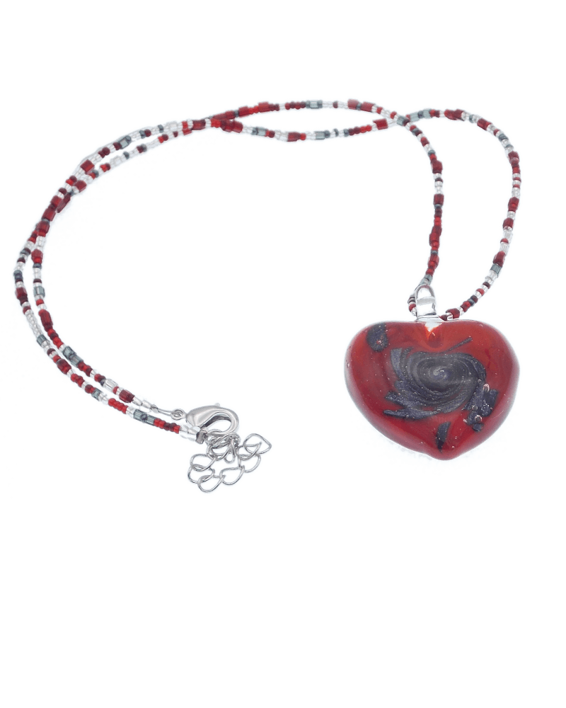 Red Murano heart necklace on beaded cord