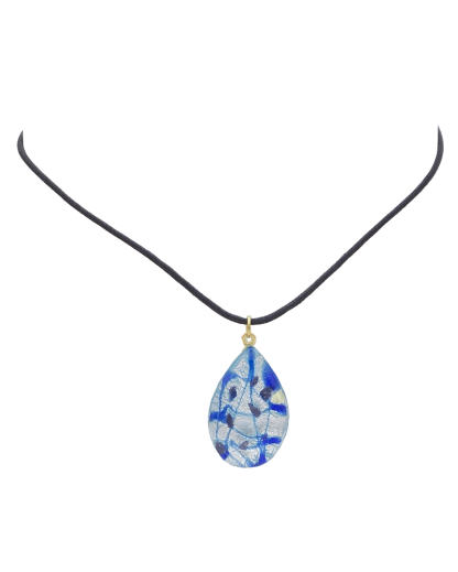 Teardrop shape blue and silver Murano glass pendant