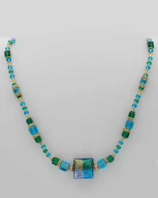 Murano necklace cool tones greens and blues with bling 16” and an extender