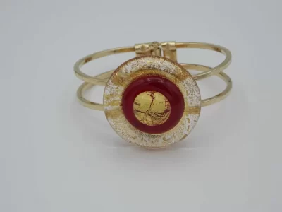 Murano glass golden and red disc on a spring hinge bracelet