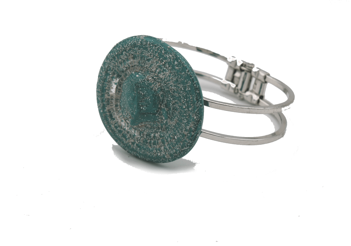aqua toned green cuff bracelet opaque Murano glass disc shaped with opalescence