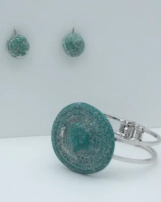 earring and bracelet set opaque green Murano glass with opalescent silver sparkle