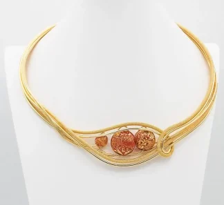 Intricately detailed collar necklace gold plated rhodium with red and gold murano glass beads