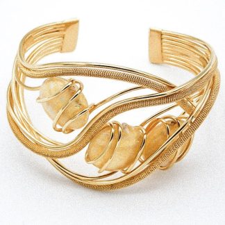 Woven rhodium gold plated metal cuff bracelet with gold murano glass beads
