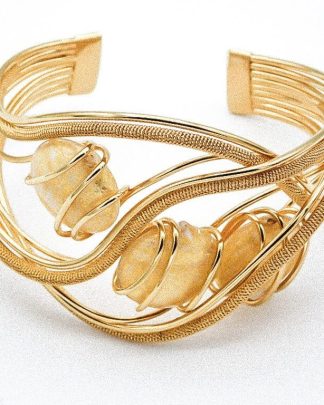 Woven rhodium gold plated metal cuff bracelet with gold murano glass beads