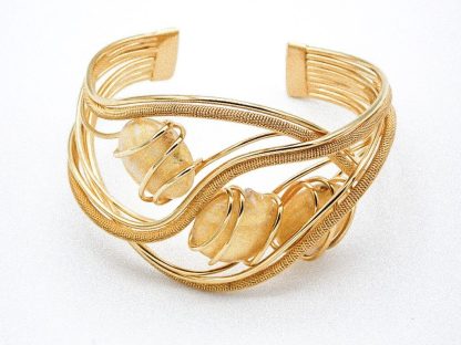 Woven rhodium gold plated metal cuff bracelet with gold murano glass beads