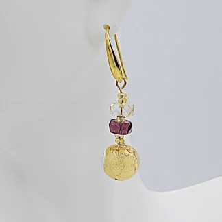 Golden Murano glass drop earring with purple detail