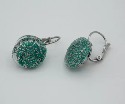 Green Murano glass disc earrings with silver opalescence