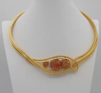 Intricately detailed collar necklace gold plated rhodium with red and gold murano glass beads