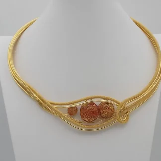 Intricately detailed collar necklace gold plated rhodium with red and gold murano glass beads
