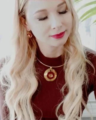 round gold and red Murano glass pendant and earring set