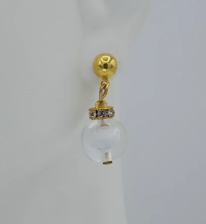 Murano glass ball earring crystal with white detail inside on gold tone studs