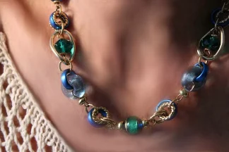 Murano glass greens blues and golds varied beads necklace