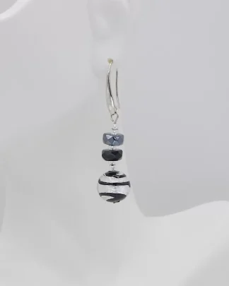 silver with black spiral Murano earring