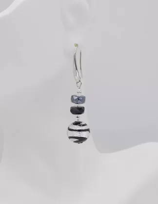 silver with black spiral Murano earring