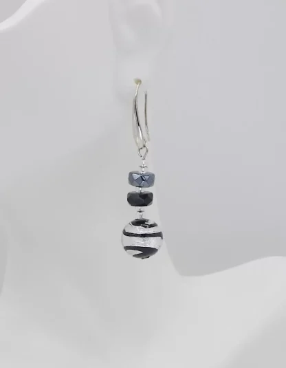 silver with black spiral Murano earring