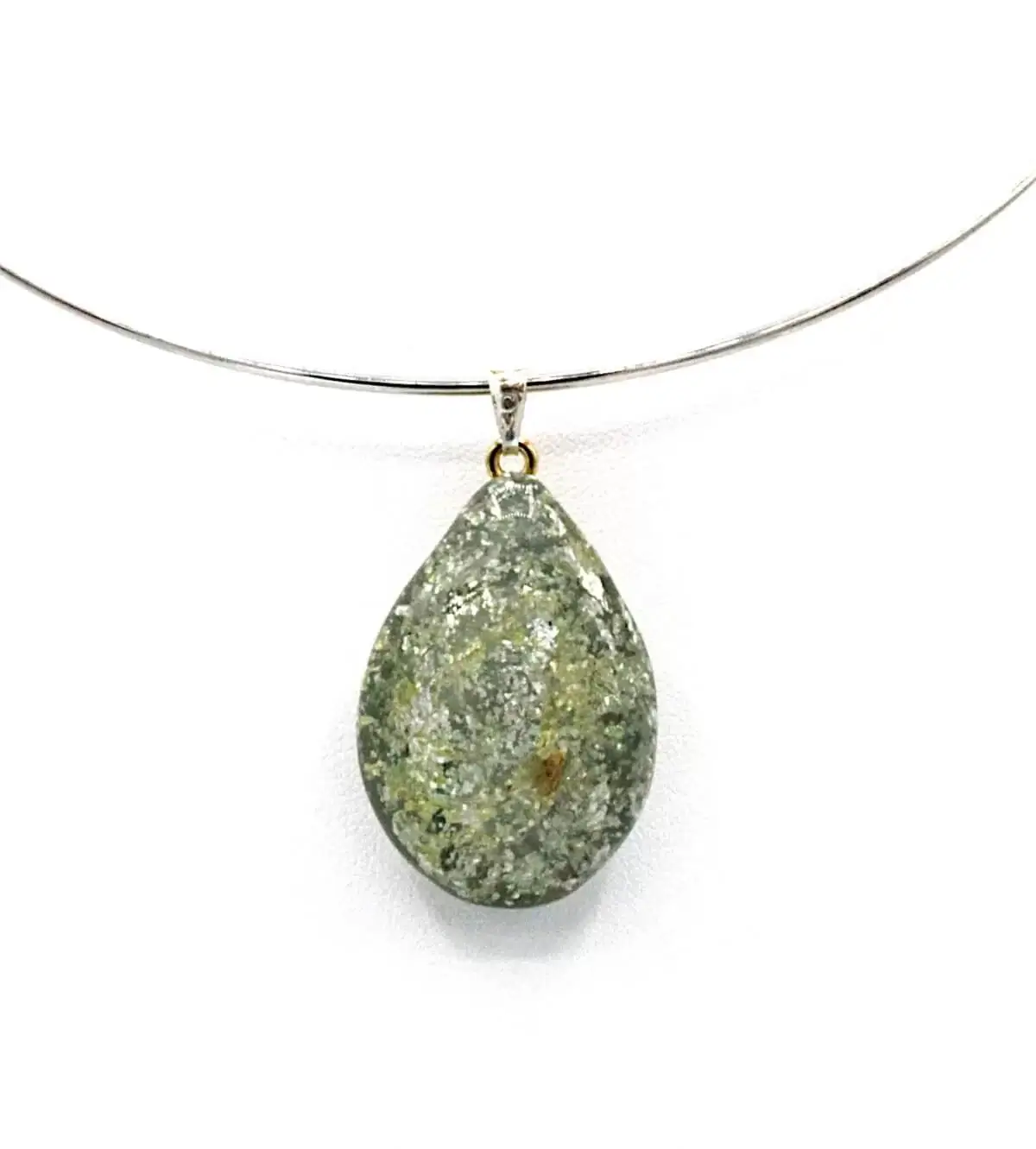 gray green tone Murano glass teardrop pendant with silver infusion. on collar necklace