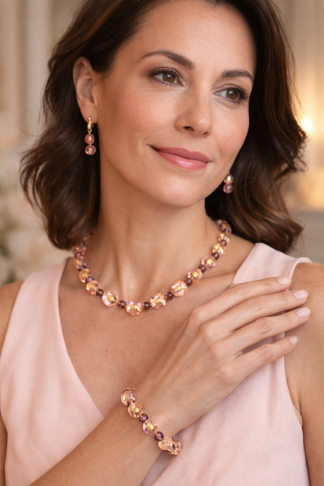 Murano pink and gold necklace bracelet and earring set gossamer set on model