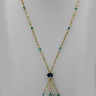 Gold seed bead long Murano glass necklace with blue floral detail