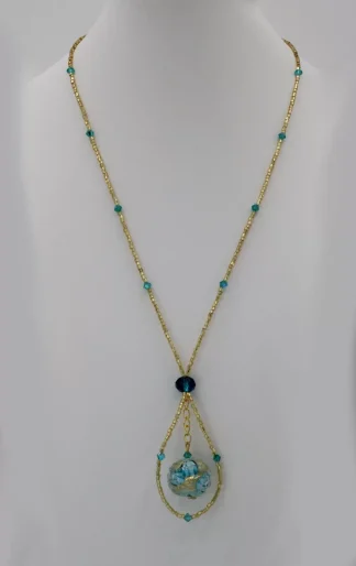 Gold seed bead long Murano glass necklace with blue floral detail