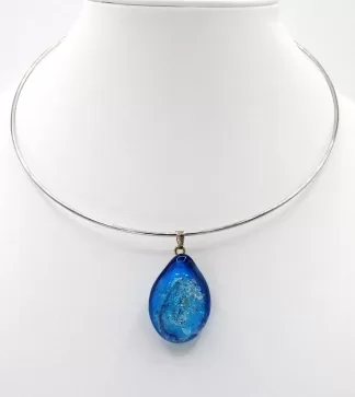 Blue and silver Murano teardrop pendant on collar necklace