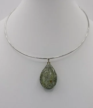 gray green tone Murano glass teardrop pendant with silver infusion. on collar necklace