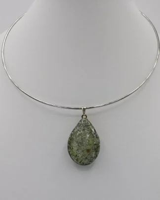 gray green tone Murano glass teardrop pendant with silver infusion. on collar necklace