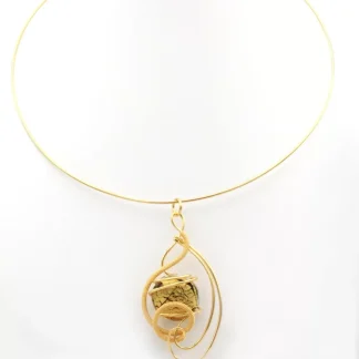 arabesque shape golden rhodium pendant with gold and black Murano glass ring collar necklace