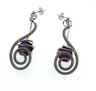 Long drop rhodium wrap swirl earrings with purple Murano glass bead