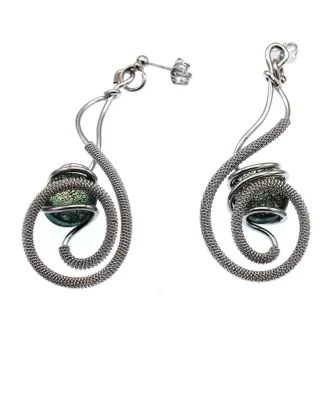 Swirl hand wrapped rhodium silver tone drop earrings withgreen Murano glass bead