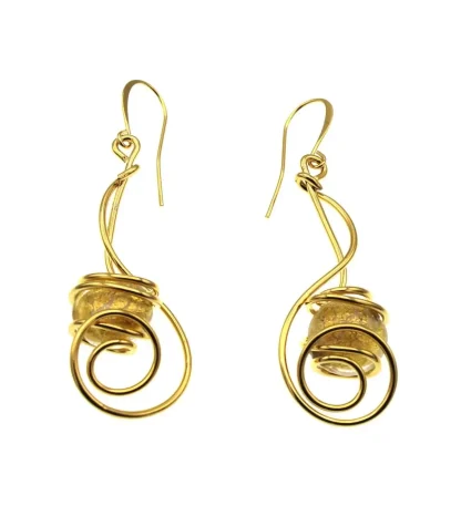 Arabesque shape long golden rhodium earrings with gold Murano bead