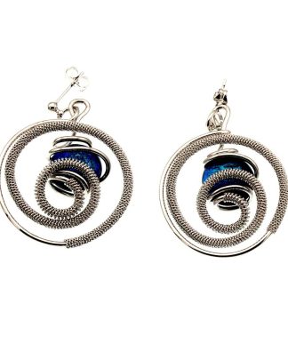 Spiral wrap silver rhodium earrings with blue Murano glass bead in center