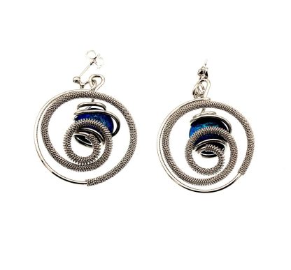 Spiral wrap silver rhodium earrings with blue Murano glass bead in center