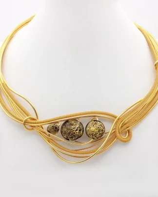 gold rhodium metal hand woven into an elaborate collar necklace with 3 black and gold Murano glass beads