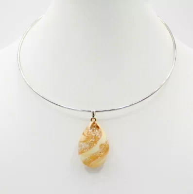 Gold and cream colored Murano glass teardrop pendant on collar necklace