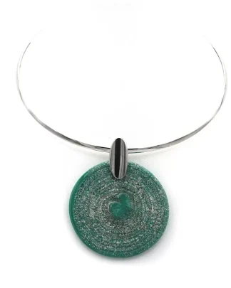 murano glass green disc pendant on silver collar