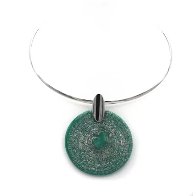 murano glass green disc pendant on silver collar