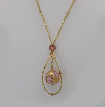 Gold and pink beaded Murano glass long necklace with pink and gold large pink and gold bead