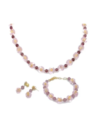 Pink Murano glass necklace, bracelet and earring set with gold foil nuggets in the center of each bead