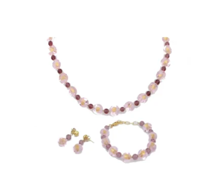 Pink Murano glass necklace, bracelet and earring set with gold foil nuggets in the center of each bead