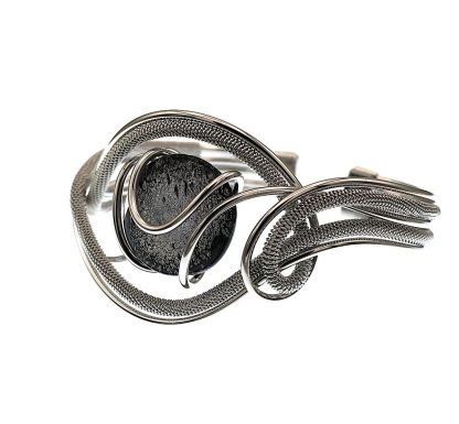 Silver tone serpentine multistrand cuff bracelet with silver-black glass