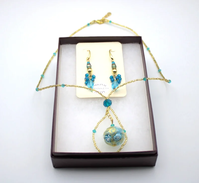 Blue gold garden necklace and crystal clusters turquoise drop earrings