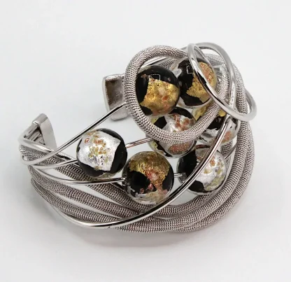 Serpentine large cuff bracelet with cluster of Murano glass beads