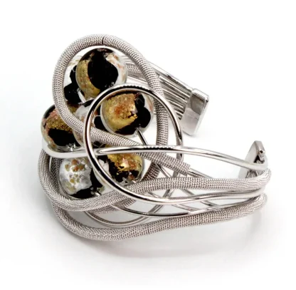 Serpentine silver black gold Murano beads cluster cuff bracelet