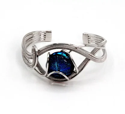 serpentine silver cuff bracelet with blue Murano glass gead