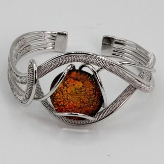 Serpentine silver cuff bracelet with fiery Murano glass bead