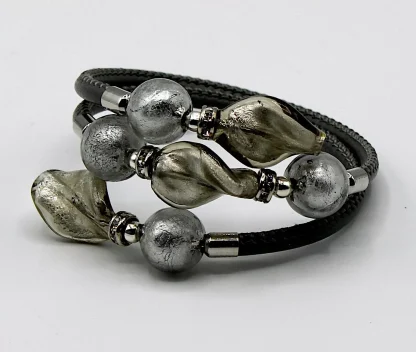 Triple leather wrap gray bracelet with Murano silver beads
