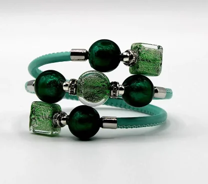 Triple leather wrap green bracelet with Murano green and metals beads