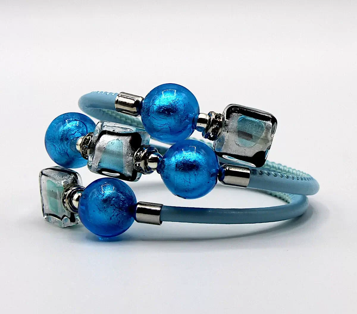 Triple leather wrap turquoise bracelet with Murano glass turquoise and metals beads